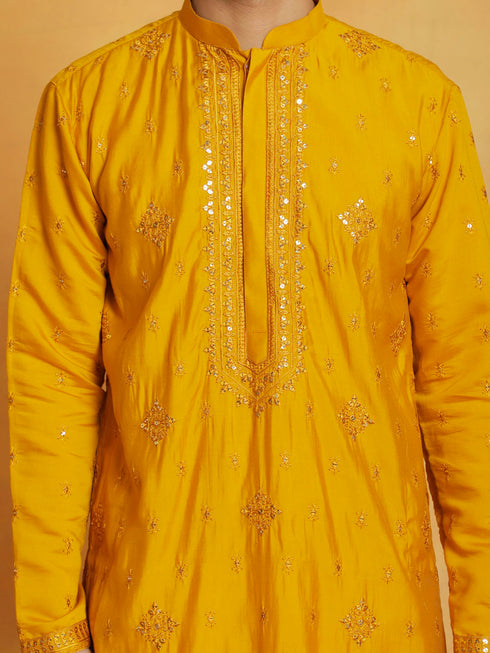 Vastramay Men's Mustard And Cream Silk Blend Kurta And Pyjama Set