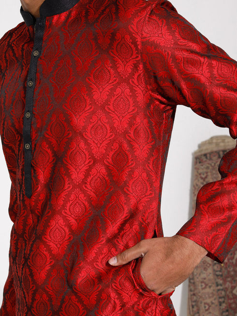 Vastramay Men's Maroon And Black Silk Blend Kurta Pyjama Set