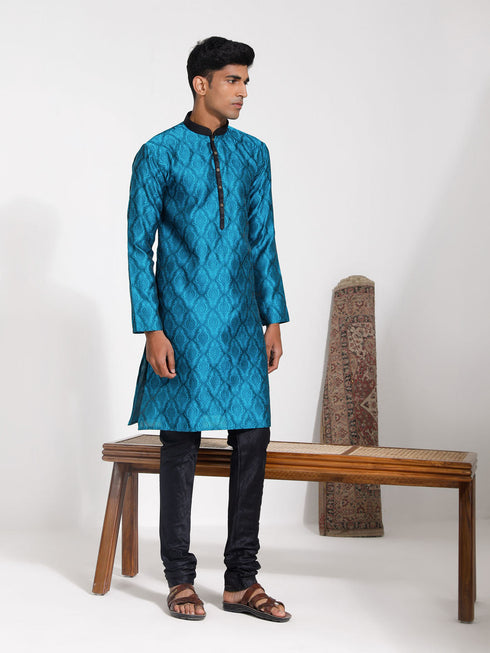 Vastramay Men's Turquoise And Black Silk Blend Kurta Pyjama Set