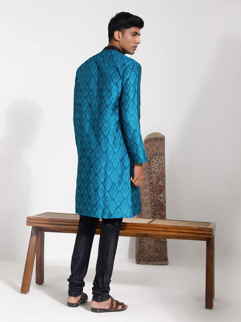 Vastramay Men's Turquoise And Black Silk Blend Kurta Pyjama Set
