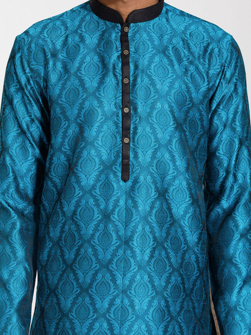 Vastramay Men's Turquoise And Black Silk Blend Kurta Pyjama Set