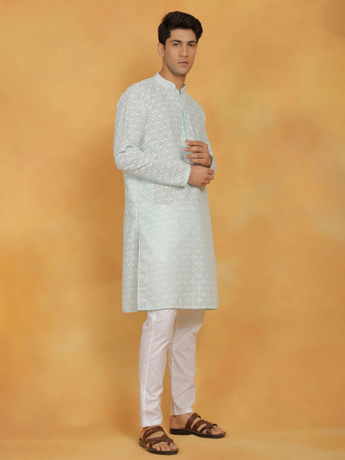 Vastramay Men's Green And White Cotton Kurta And Pyjama Set