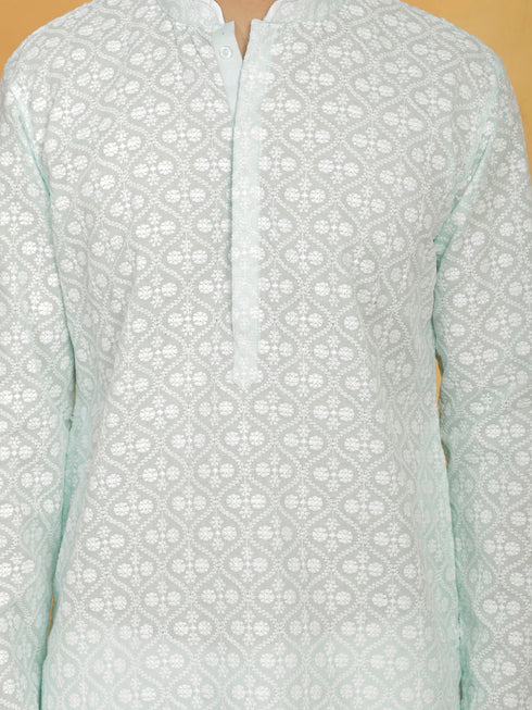 Vastramay Men's Green And White Cotton Kurta And Pyjama Set