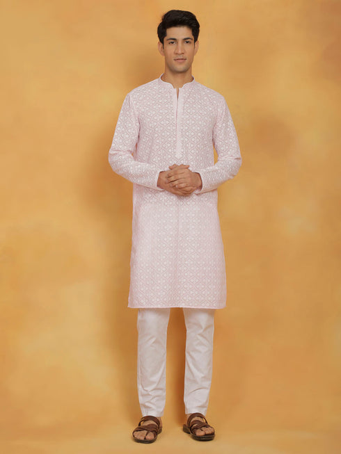 Vastramay Men's Pink And White Cotton Kurta And Pyjama Set