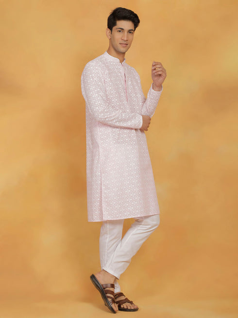 Vastramay Men's Pink And White Cotton Kurta And Pyjama Set