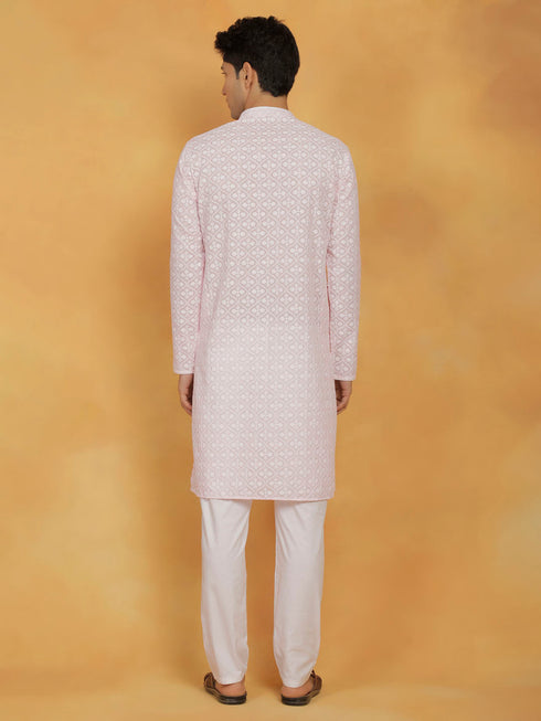Vastramay Men's Pink And White Cotton Kurta And Pyjama Set