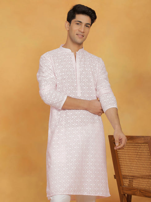 Vastramay Men's Pink And White Cotton Kurta And Pyjama Set