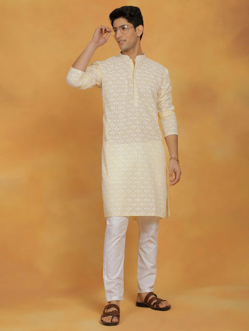 Vastramay Men's Yellow Cotton Kurta
