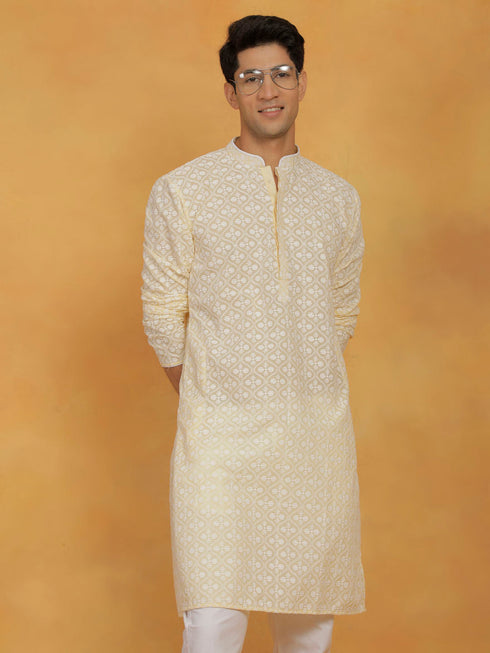 Vastramay Men's Yellow And White Cotton Kurta And Pyjama Set