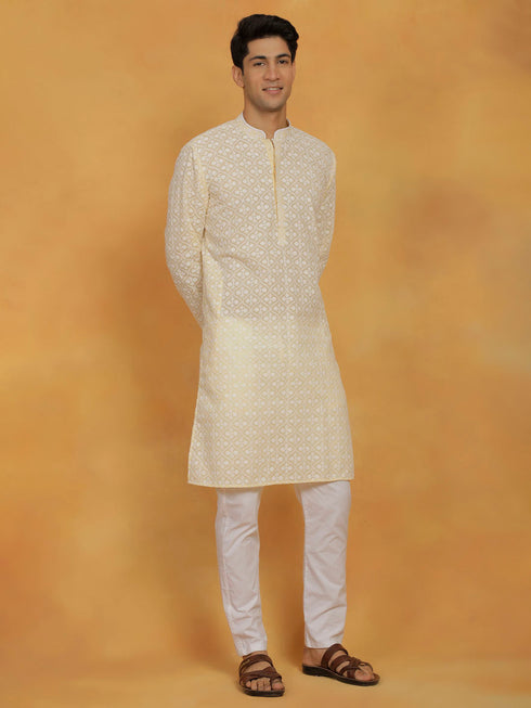 Vastramay Men's Yellow And White Cotton Kurta And Pyjama Set