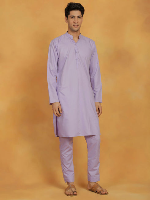 Vastramay Men's Lavender Cotton Silk Kurta And Pyjama Set
