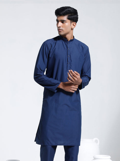 Vastramay Men's Navy Blue Cotton Silk Kurta