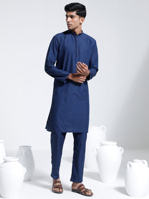Vastramay Men's Navy Blue Cotton Silk Kurta And Pyjama Set