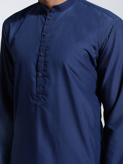 Vastramay Men's Navy Blue Cotton Silk Kurta And Pyjama Set