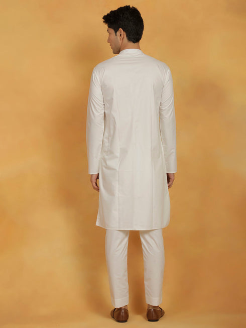 Vastramay Men's Off White Cotton Silk Kurta And Pyjama Set