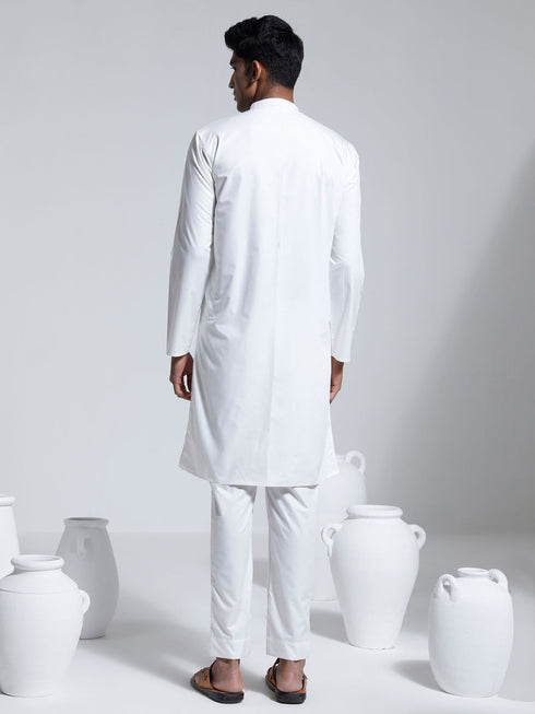 Vastramay Men's White Cotton Silk Kurta And Pyjama Set