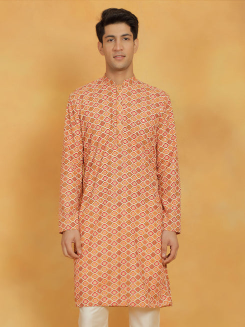 Vastramay Men's Orange Muslin Kurta