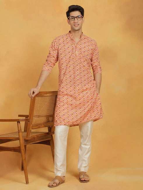 Vastramay Men's Orange And Cream Muslin Kurta And Pyjama Set
