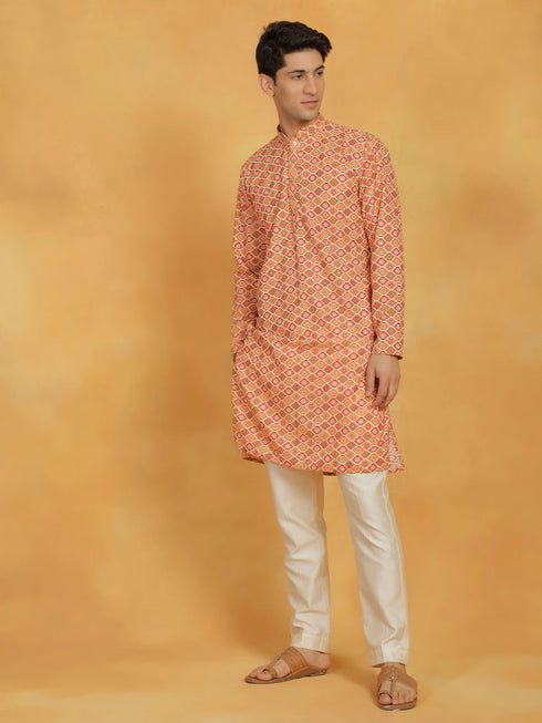 Vastramay Men's Orange And Cream Muslin Kurta And Pyjama Set