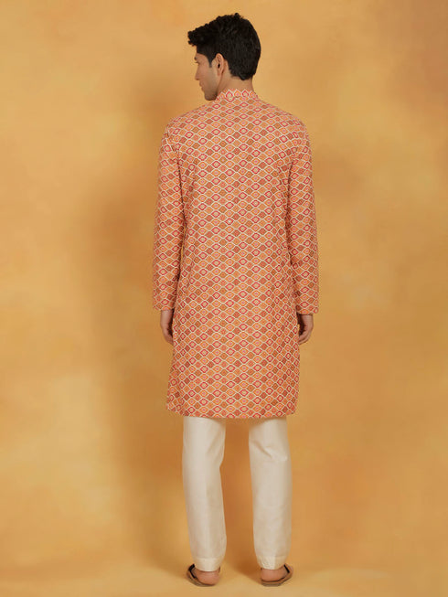 Vastramay Men's Orange And Cream Muslin Kurta And Pyjama Set