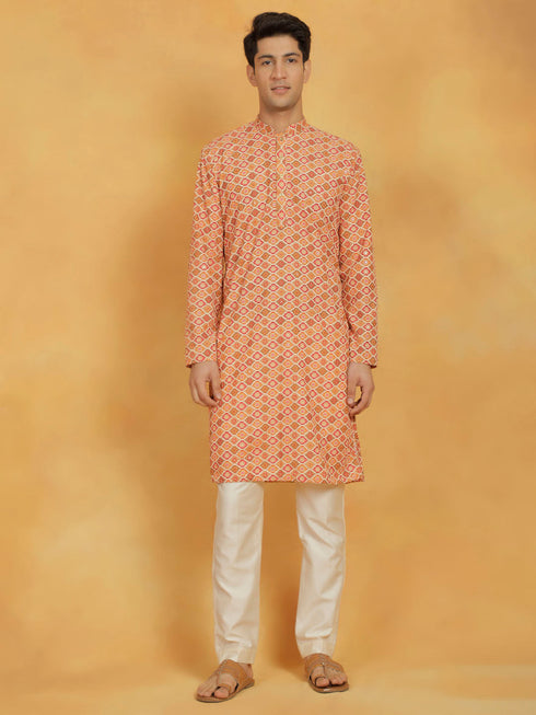 Vastramay Men's Orange And Cream Muslin Kurta And Pyjama Set