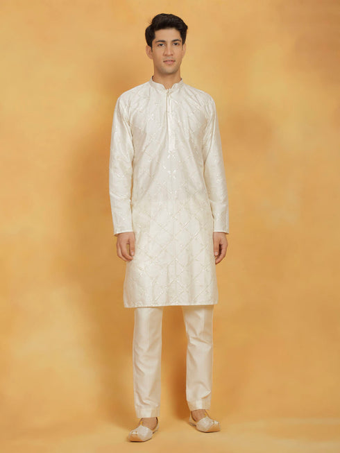 Vastramay Men's Cream Viscose Kurta And Pyjama Set