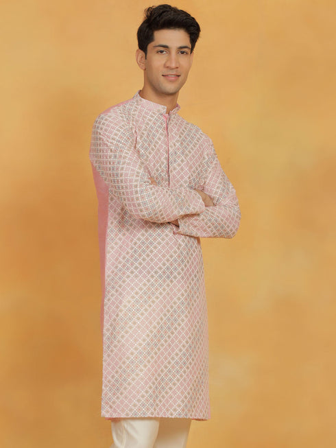 Vastramay Men's Pink Maslin Kurta