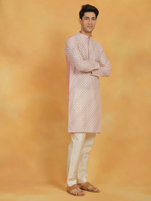 Vastramay Men's Pink Maslin Kurta And Pyjama Set