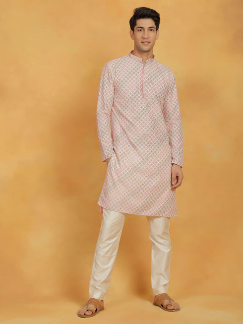 Vastramay Men's Pink Maslin Kurta And Pyjama Set