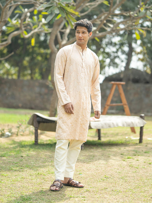 Vastramay Men's Peach And Cream Viscose Kurta And Pyjama Set