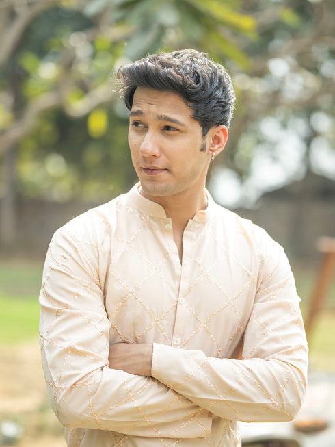 Vastramay Men's Peach And Cream Viscose Kurta And Pyjama Set