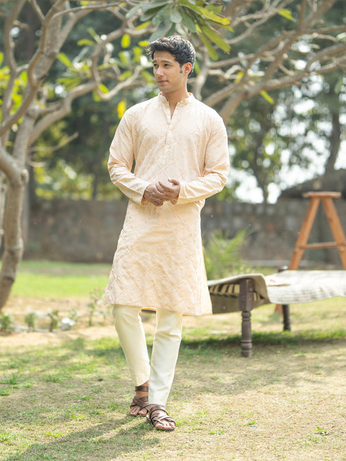 Vastramay Men's Peach And Cream Viscose Kurta And Pyjama Set