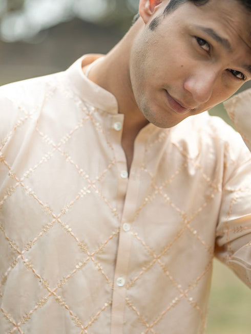 Vastramay Men's Peach And Cream Viscose Kurta And Pyjama Set