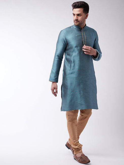 Vastramay Men's Aqua And Rose Gold Silk Blend Kurta With Churidar Set