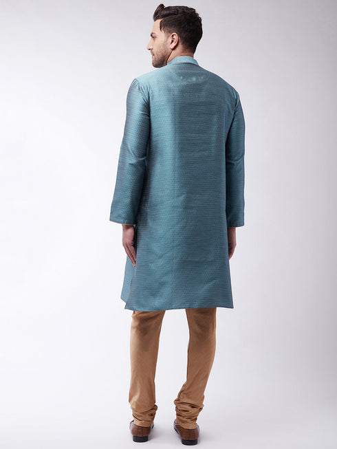 Vastramay Men's Aqua And Rose Gold Silk Blend Kurta With Churidar Set