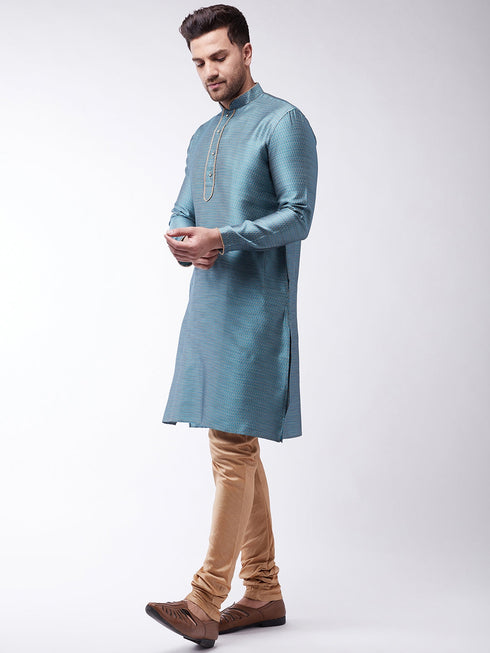 Vastramay Men's Aqua And Rose Gold Silk Blend Kurta With Churidar Set