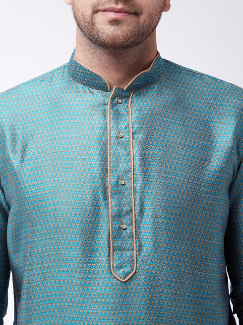 Vastramay Men's Aqua And Rose Gold Silk Blend Kurta With Churidar Set