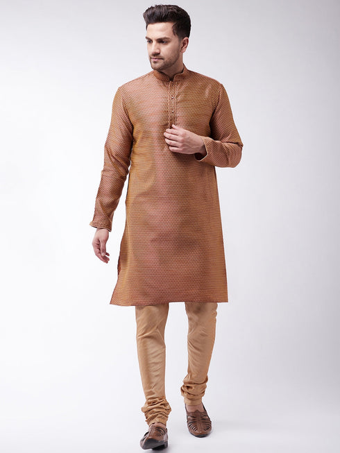 Vastramay Men's Maroon And Rose Gold Silk Blend Kurta With Churidar Set