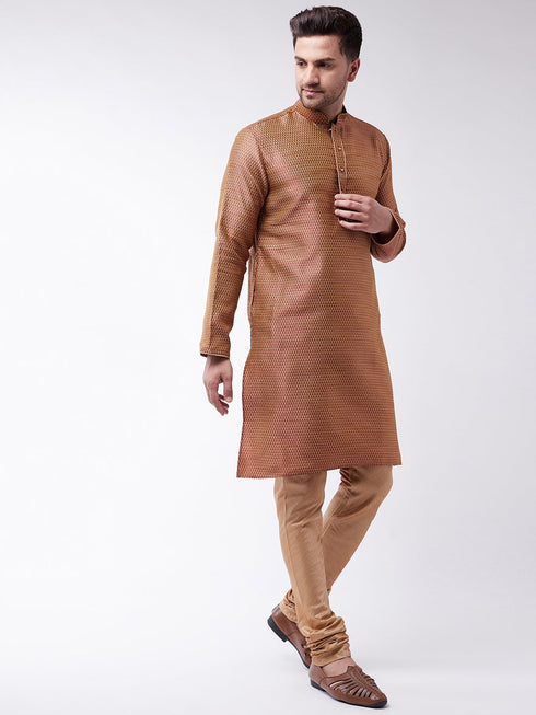 Vastramay Men's Maroon And Rose Gold Silk Blend Kurta With Churidar Set