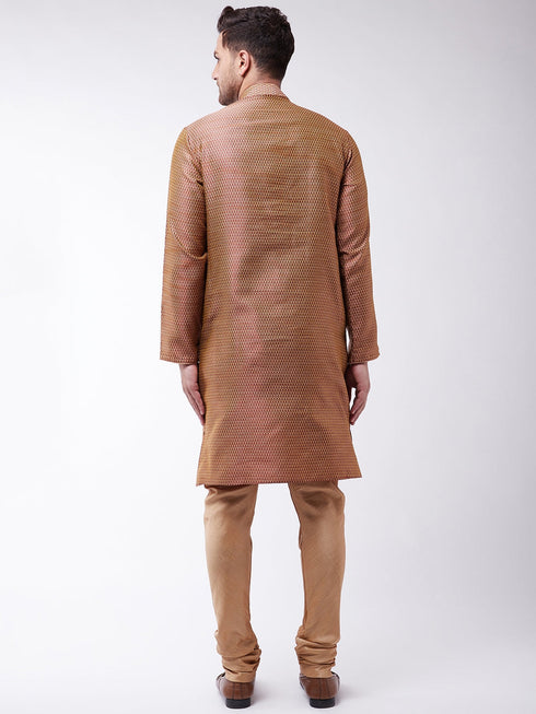 Vastramay Men's Maroon And Rose Gold Silk Blend Kurta With Churidar Set