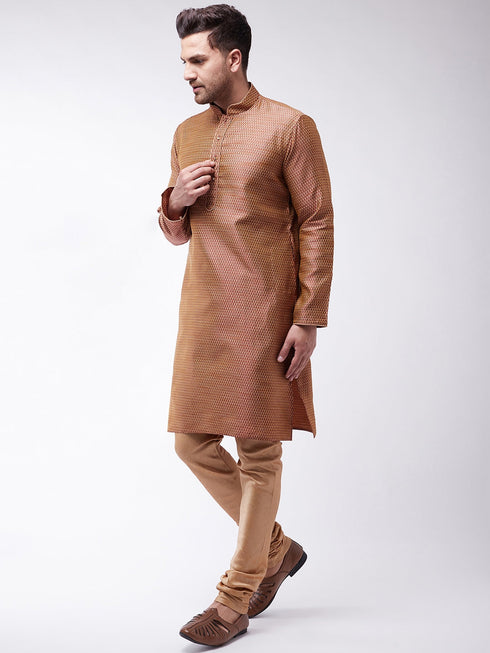 Vastramay Men's Maroon And Rose Gold Silk Blend Kurta With Churidar Set