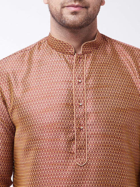 Vastramay Men's Maroon And Rose Gold Silk Blend Kurta With Churidar Set