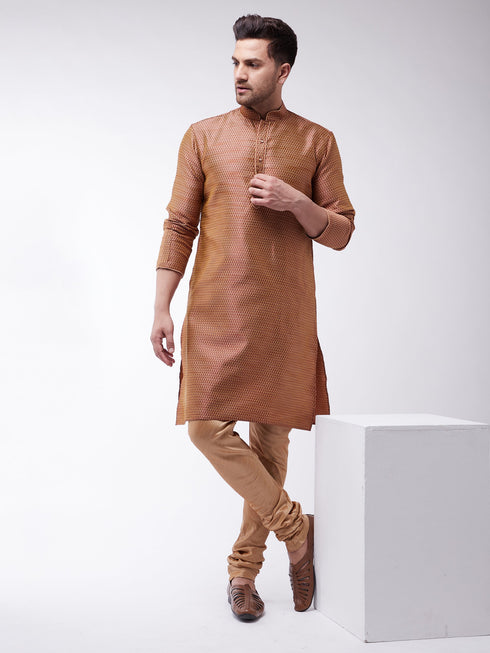 Vastramay Men's Maroon And Rose Gold Silk Blend Kurta With Churidar Set