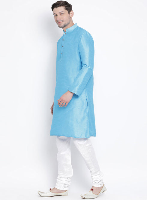Vastramay Vastramay Men's Light Blue Cotton Silk Blend Kurta and Pyjama Set