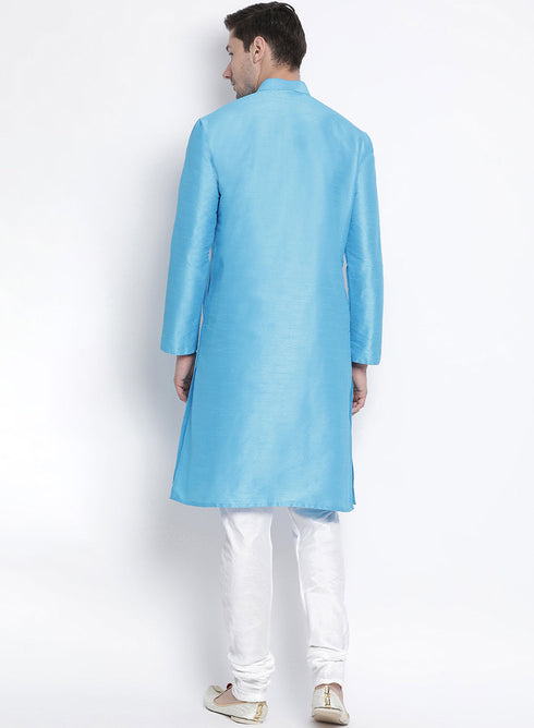 Vastramay Vastramay Men's Light Blue Cotton Silk Blend Kurta and Pyjama Set