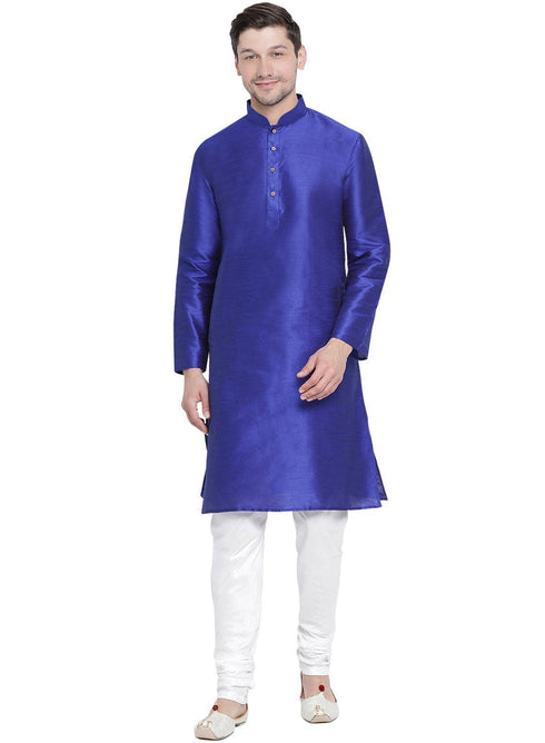 Vastramay Men's Blue Cotton Silk Blend Kurta and Pyjama Set