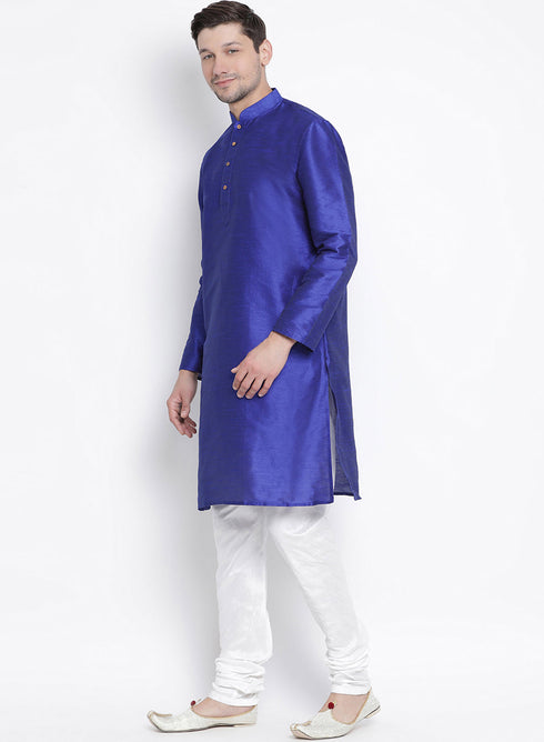 Vastramay Men's Blue Cotton Silk Blend Kurta and Pyjama Set