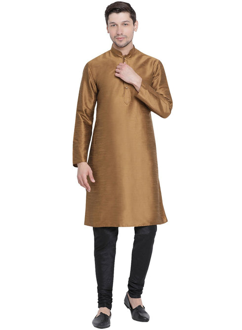 Vastramay Men's Brown Cotton Silk Blend Kurta and Pyjama Set