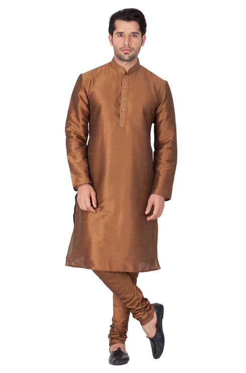 Vastramay Men's Brown Cotton Silk Blend Kurta and Pyjama Set