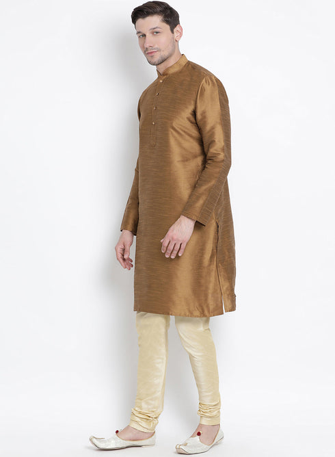 Vastramay Vastramay Men's Brown Cotton Silk Blend Kurta and Pyjama Set